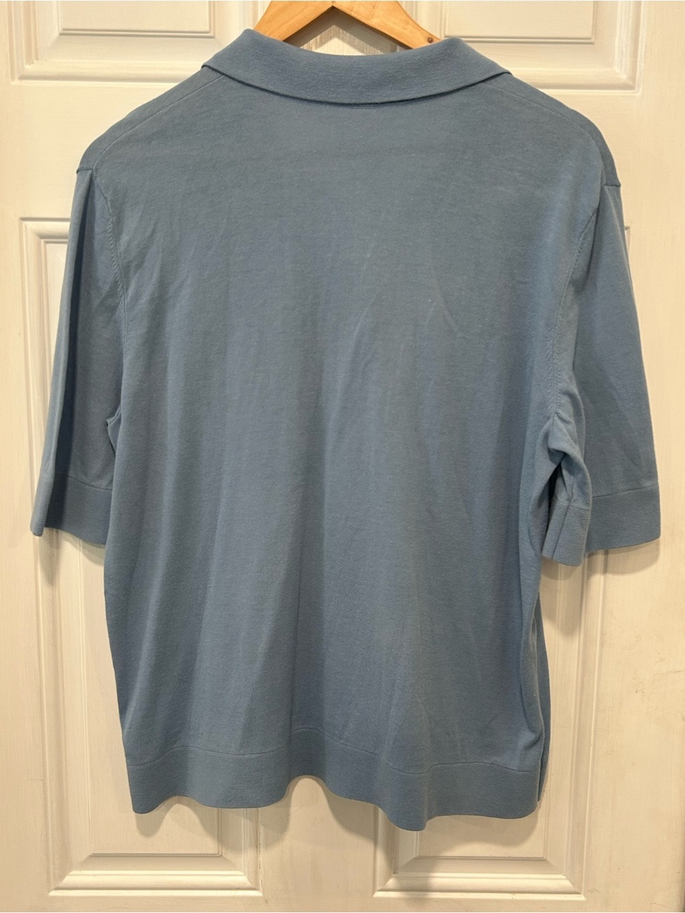 COS Open Collar Short Sleeve Polo Sweater Steel Blue Minimalist Preppy Medium - Picture 8 of 12